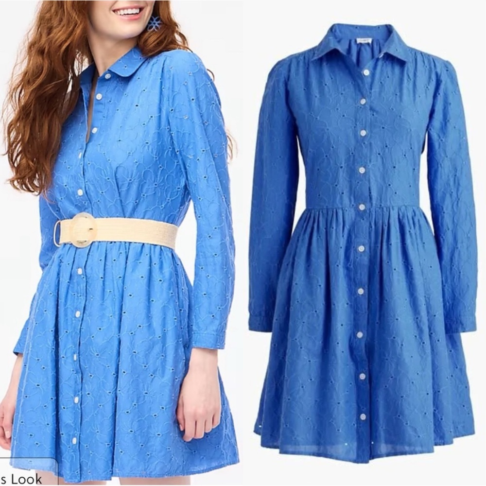J. Crew Factory Women’s Eyelet Mini Shirt Dress Longsleeve Collared in Blue 14